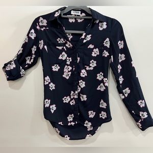 Express Portofino Shirt Womens Size XXS Blue Button Front Long Roll Tab Sleeve